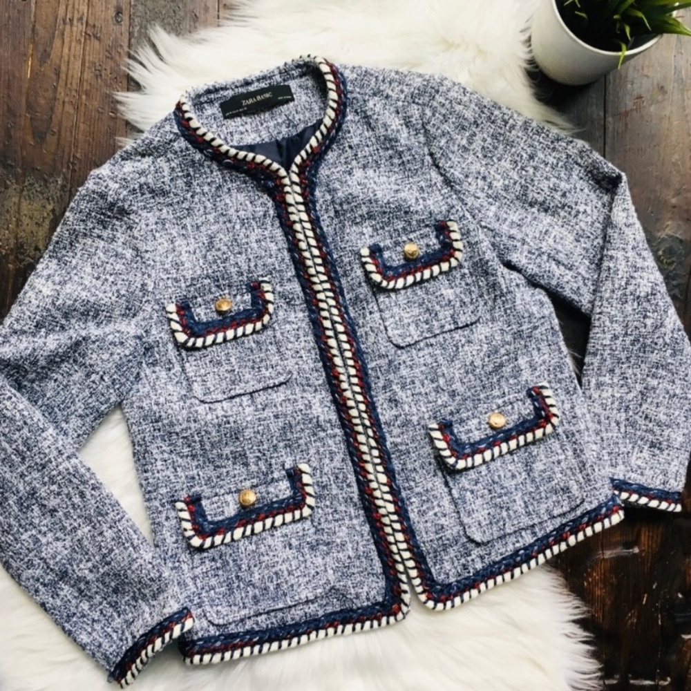 ZARA Tweed Jacket Blue Red and White Blazer - Medium